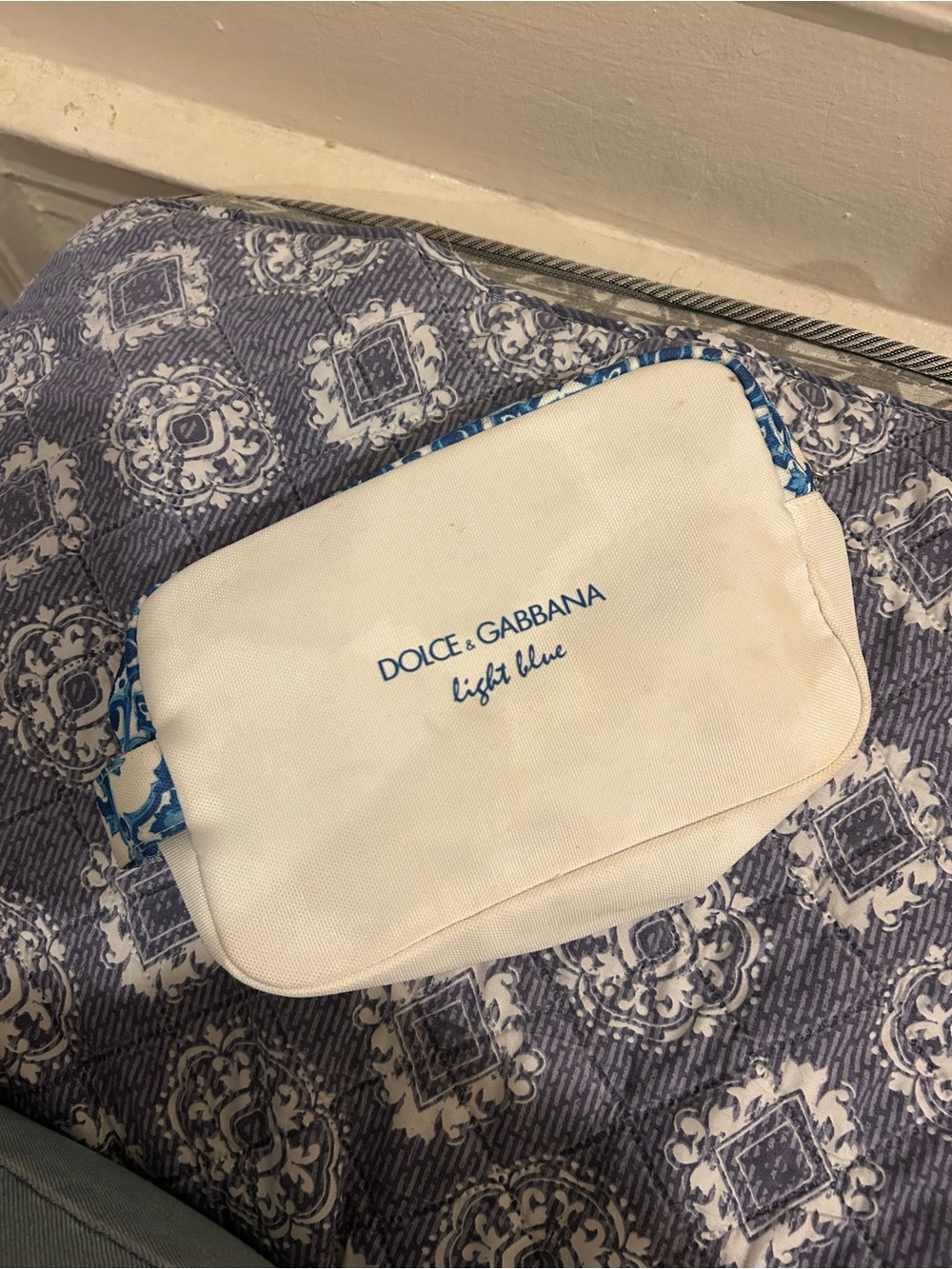 Dolce & Gabbana White and Blue Canvas Cosmetic Pouch - Light Blue Logo